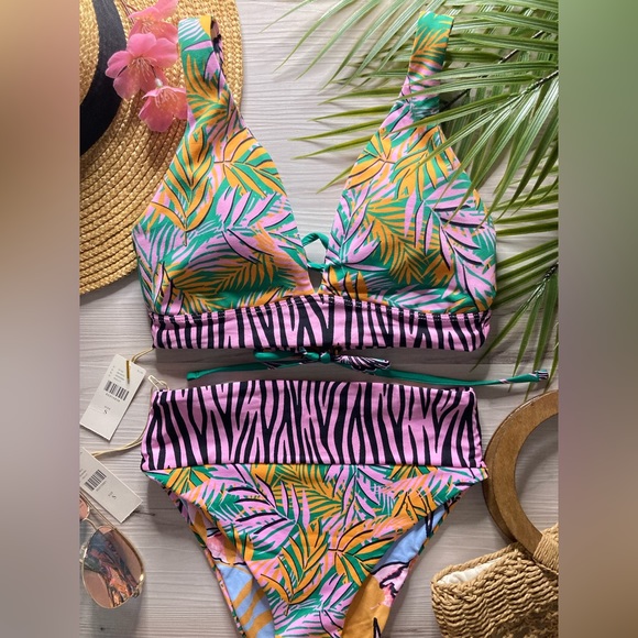 RARE Maaji 💚 Reversible Animal Print Floral 4-Way Top | High Rise Bikini Bottom - Picture 2 of 16